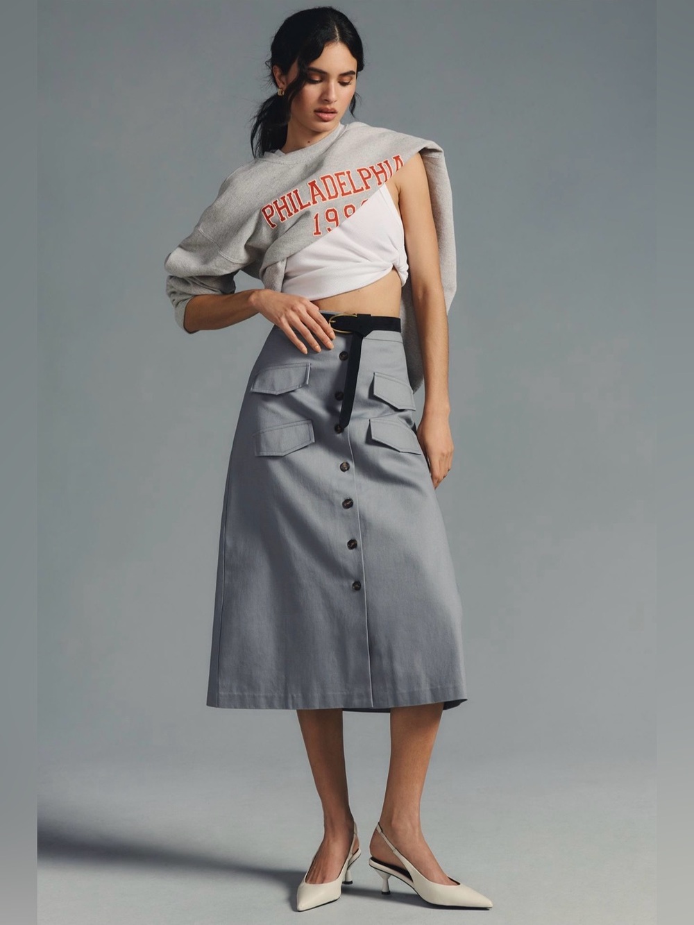 Mare Mare x Anthropologie Gray Button Front Utility Midi Skirt Size M - Picture 3 of 11